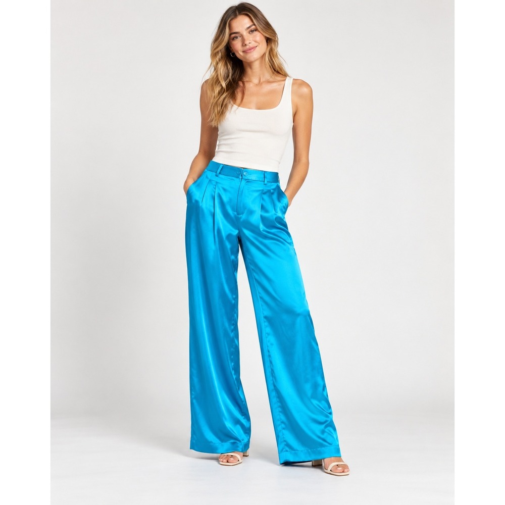 Idem Ditto Women's Blue Satin Wide Leg Pants Size S High Rise Dressy Trousers